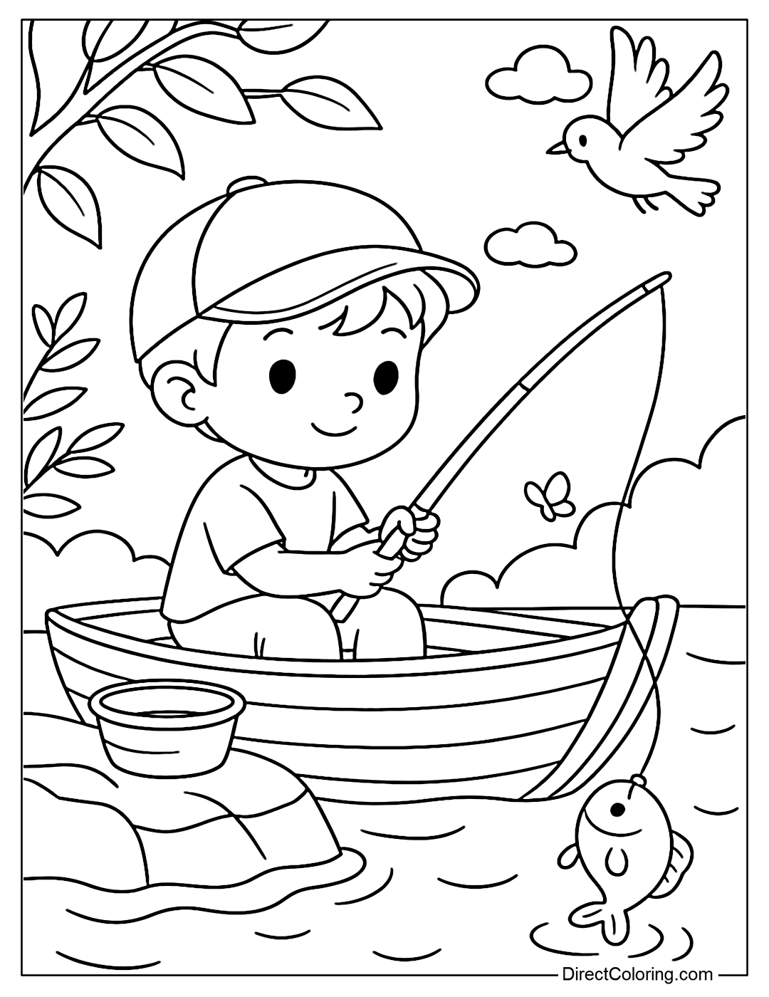 Coloring page of a child sitting fishing on a wooden boat, with tree shadows and flying birds.